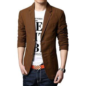 Men's Brown Slim 2-Button Single Breasted Cotton Lightweight Blazer Jacket Sport